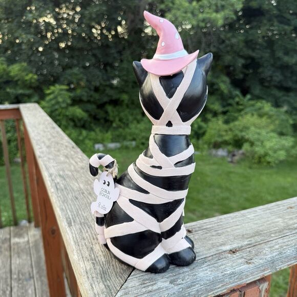 NEW Black Mummy Cat Pink Pumpkin Witch Hat Decor Halloween Pinkoween 12.5" - Picture 2 of 4